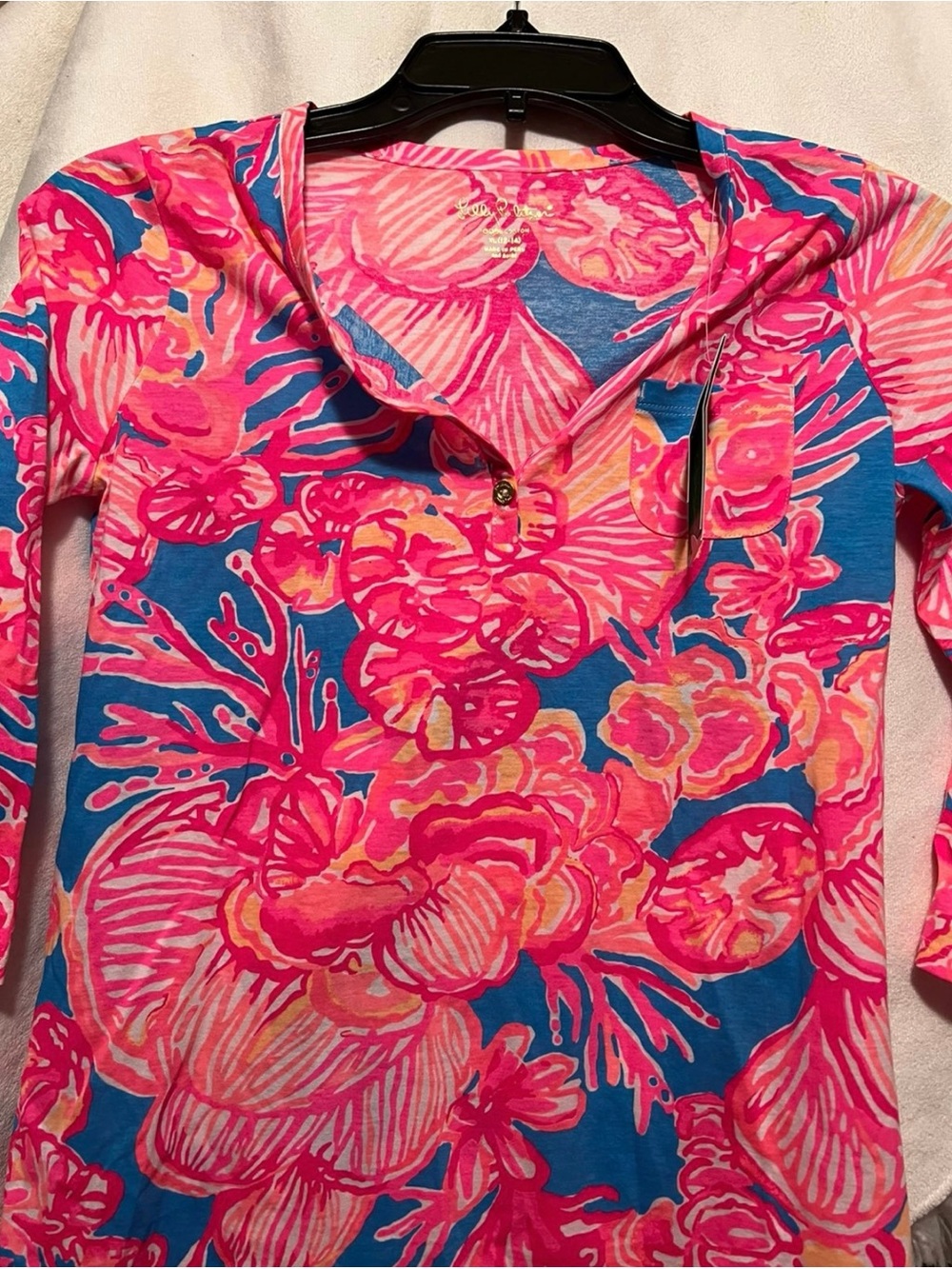 New Lilly Pulitzer Pink Coral Blue Floral Cotton Top